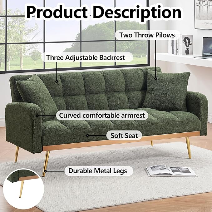 Comfy Futon Sofa Bed with 2 Pillows White Futon Couch Bed with Gold Legs Small Convertible Sofa Bed Couch for Living Room Modern Loveseat for Bedroom Curved Arms Plush Tufted-ShapedTeddy (Green)