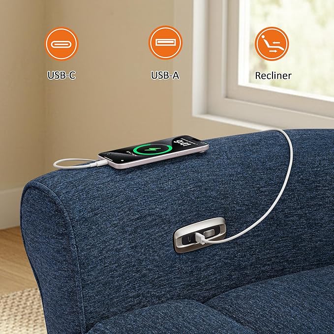 MCombo Compact Wall Hugger Power Recliner Chair for Small Spaces Dual USB-A/C Ports Rolled Arm Recliner for Living Room &amp RV Fabric PR520 (Fabric Navy Blue Small)