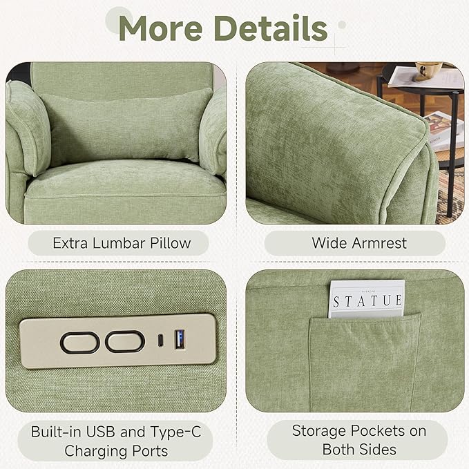 MELLCOM Power Recliner Rocking Chair Nursery Gliders with Adjustable Armrests and Headrest Swivel Electric Glider Reclining Nursing Chair with USB Port and Storage Bags FSC Certified(Fabric Green)