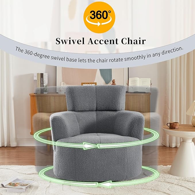 Swivel Accent ChairBedroom Barrel Chairs with Seat CushionModern 360° Soft Berber Fleece Fabric Circle Chair with Adjustable Headrest for Living Room (Grey)