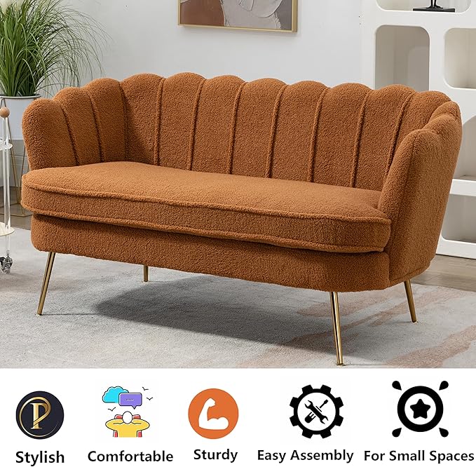 Boucle Small Sofa Couch for Small Spaces Living Room Bedroom59 Loveseat Couches with Gold Metal LegsChannel Tufted 2 Seater Sofas with Curved Back and Arms for ApartmentRV.