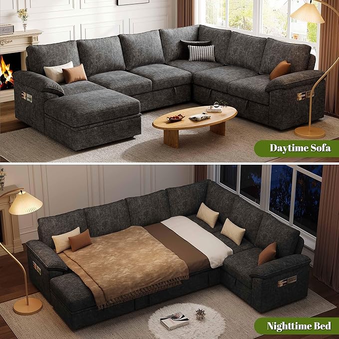 108 Inch Sectional Sleeper Sofa with Pull Out Bed U Shaped 7 Seat Modular Sectional Sofa with Storage Sectional Couches for Living Room Cloud Modular CouchRemovable Sofa Cover Dark Grey