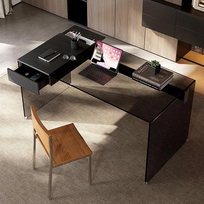 53.14 Modern Tempered Glass Executive Desk with Drawer Black Wood Finish and Tempered Glass Legs – Minimalist Stylish Workstation Table for Home Office
