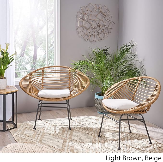 Christopher Knight Home Aleah Indoor Woven Faux Rattan Chairs with Cushions (Set of 2) Light Brown and Beige Finish