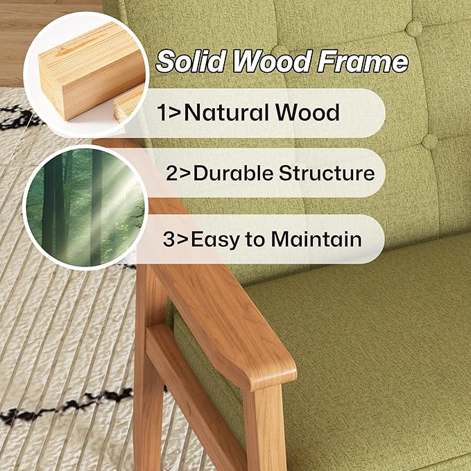 Modern Accent Chair with Arm Rest Upholstered Linen Fabric Leisure Chair Comfy Side Chair with Backrest Button and Wooden Frame for Living Room Bedroom Reading(Green)