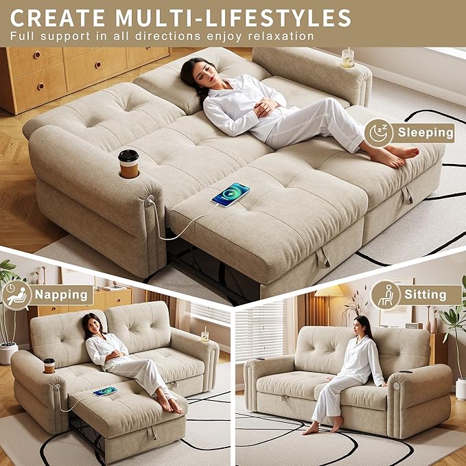 77 Pull Out Sofa Bed Velvet Convertible Sleeper Couch Loveseat Chaise Lounge with Cup Holder and USB Pullout Futon Sofa Bed for Living Room Bedroom Small Spaces RV (Beige-)