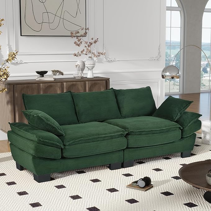 Merax 85.4 Modern Curved Corduroy Fabric Sofa Back Upholstered Couch with 2 Decorative Throw Pillows for Living Room Bedroom Apartment Dark Green