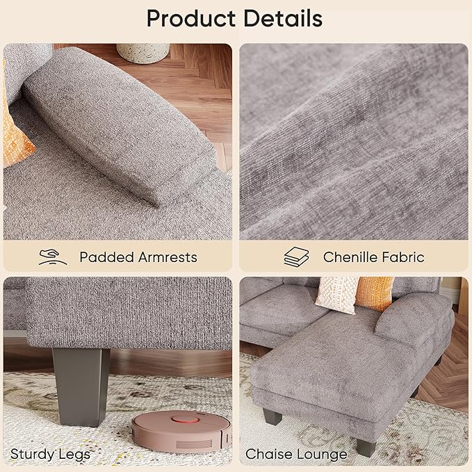 YESHOMY Sectional Couch for Living Room Modern Cloud Couch with Deep Seat and Chaise U-Shaped Sofa Couches with Padded Armrest for Small Apartment (Chenille Grey)