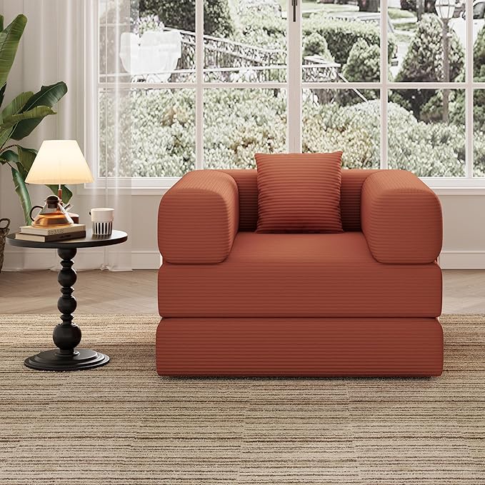 Folding Sofa Bed 2 in 1 Convertible Sofas to Lounger Comfy Single Bean Bag Chair Floor Portable Foldable Sleeper Lazy Futon Couch Chair for Bedroom Living Room(Orange 35.43 Single Sofa)