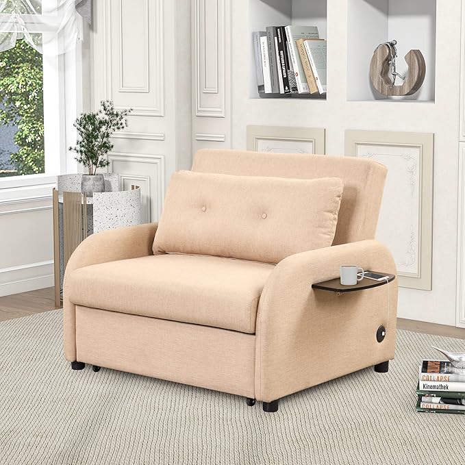 Pull Out Sofa Sleeper Bed 3-in-1 Sofa Bed with 2 Wing Table Side Pocket and Usb Charge Line Fabric Convertible Sleeper Chair Bed for Living Room Recreation Room (Beige-2 Wing Table Side Pocket)