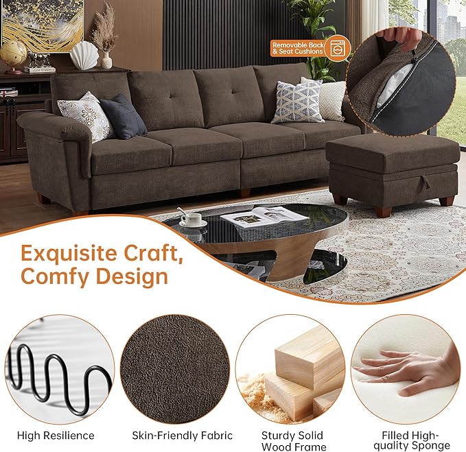108 Sectional Sofa Convertible L Shaped Sofa with Ottoman and Large Storage 4 Seat Sectional Couch with Cup Holder Couches for Living Room Apartment Office (Brown)