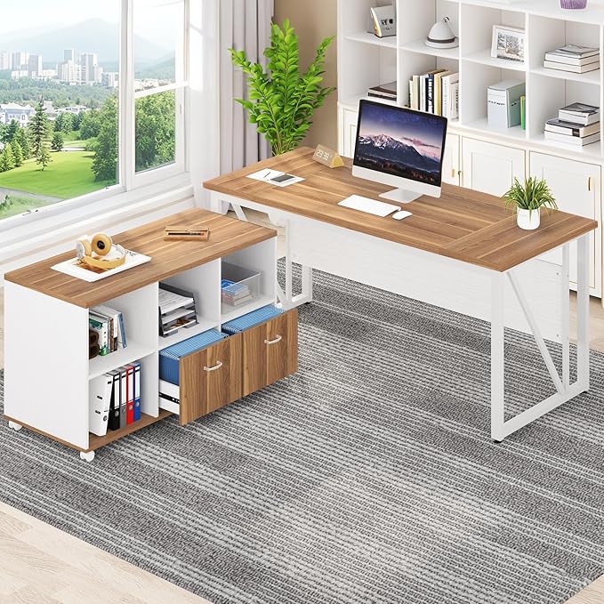 Tribesigns 63-Inch Executive Computer Desk with 47-Inch Lateral File Cabinet Large Workstation Business Furniture L Shaped Desk with Drawers and Storage Shelves for Home Office Walnut &amp White