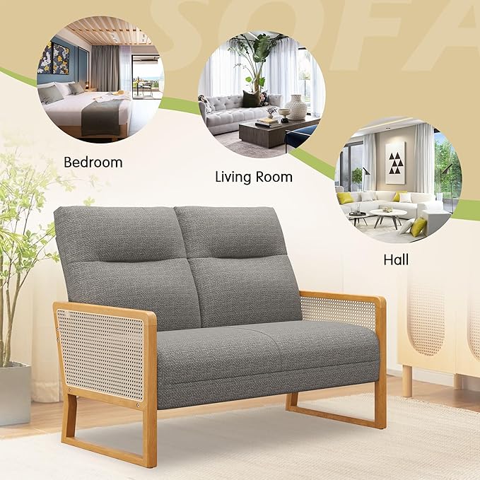 Modern Loveseat Bench Couch with Natural Rattan Arm Upholstered Linen Small Love Seat Sofa 2-Seats Living Room Couch Settee Comfy Lounge Recliner Chair-Taupe