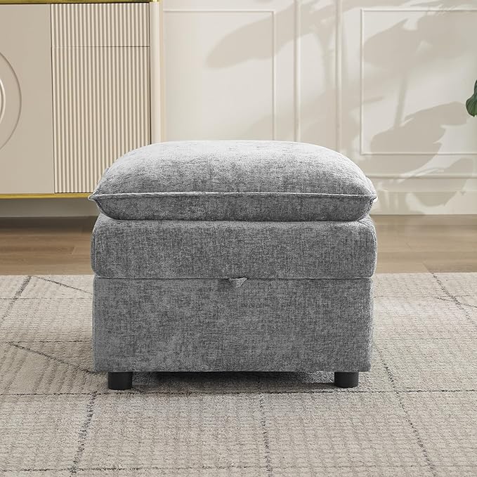 27 Large Square Ottoman with Storage Modern Upholstered Footrest with Anti-Slip Legs for Couch Coffee Table Living Room Bedroom Entryway Chenille Light Grey