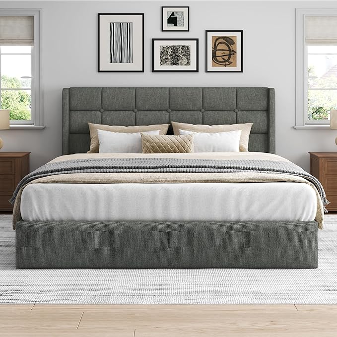 Lifezone Queen Size Lift Up Storage Bed Frame Linen Upholstered Queen Platform with Button Tufted Wingback Headboard and Under-Bed Storage Hydraulic Support No Box Spring Needed Noise Free Grey