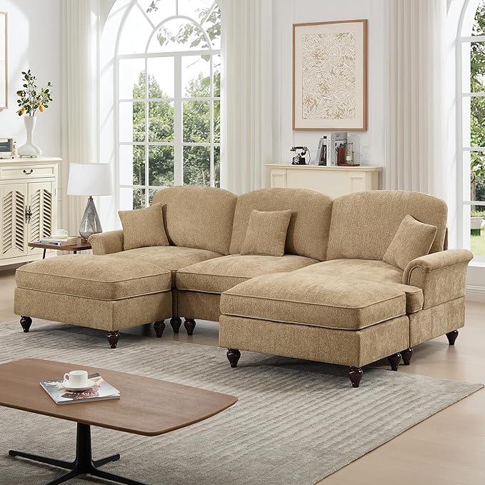 107'' Elegant U Shaped Chenille Mid Century Sectional Sofa Comfy Oversized 5 Seater Cloud Couch with Flared Arms and 2 Ottomans for Living Room