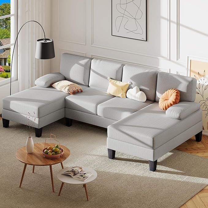 Bezseller 107.3 Sectional Couches for Living Room U Shaped Modular Sofa Couch with Cushion &amp Corduroy Fabric 4-Seat Comfy Furniture Sets with Double Chaise for Apartment Reception Room Grey