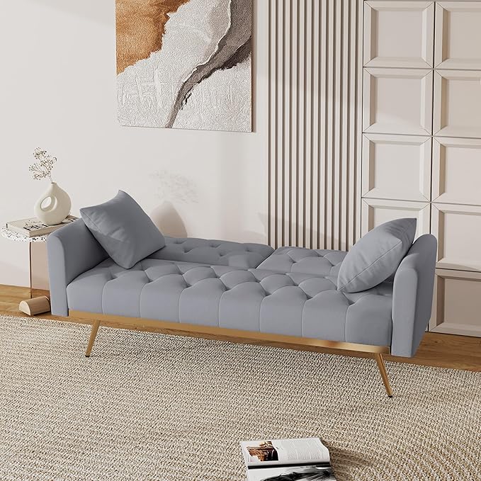 Modern Velvet 2 in 1 Futon Sofa BedConvertible Folding Sleeper Bed Couches with 2 Pillows73 Tufted Recliner Love Seat with Golden Chrome Legs for Living Room Apartment Office (Grey-New)