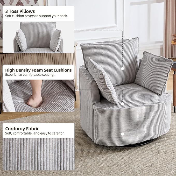 CANMOV Swivel Accent Chair Set of 2 360°Swivel Barrel Chair with 3 Pillows Comfy Corduroy Round Armchair Single Sofa Chair for Living Room Bedroom Reading Room Grey