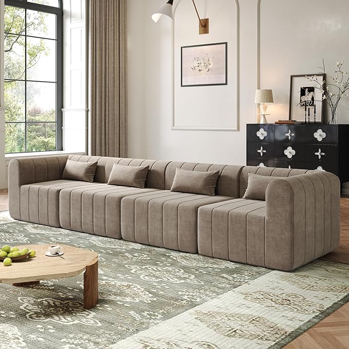 Christopher Knight Home Flarin 145.5 Convertible Sectional Sofa Couch L-Shape Home Sofa Living Room 4 Seat Sectional Sleeper Sofa Fabric Upholstered Comfy Cloud Couch No Assembly Light Brown