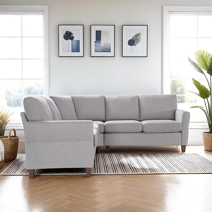 L Shaped Couch Small Sectional Sofa for Living Room L Couch with Pocket Springs Seat Cushion Linen Fabric Tapered Legs Comfy Corner Sofa for Small Space Apartment Office Light Grey