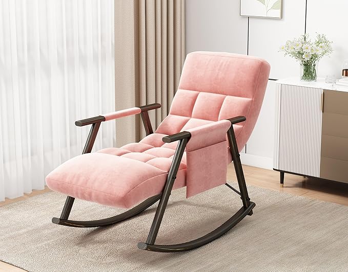 LUMISOL Rocking Chair with Adjustable High Backrest and Footrest Collapsible Rocking Chair with Side Pockets Upholstered Rocking Chair for Living Room Bedroom Balcony Pink