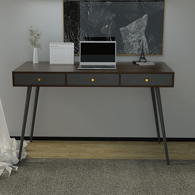 JUSTONE 47 Computer Desk with 3 Storage Drawers - Multi-Functional Home Office Desk &amp Makeup Vanity - Modern Writing Desk with Built-in Organization - Walnut &amp Dark Grey Two-Tone Workstation