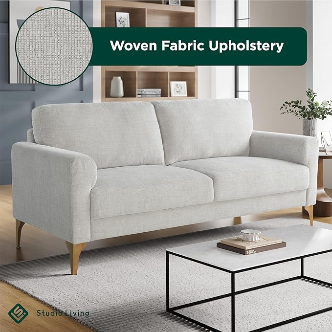 Studio Living® Matthew 75.6 Sofa Mid-Century Modern Pocket Coil Comfort Metal Brushed Bronze Legs Chenille Fabric Ivory