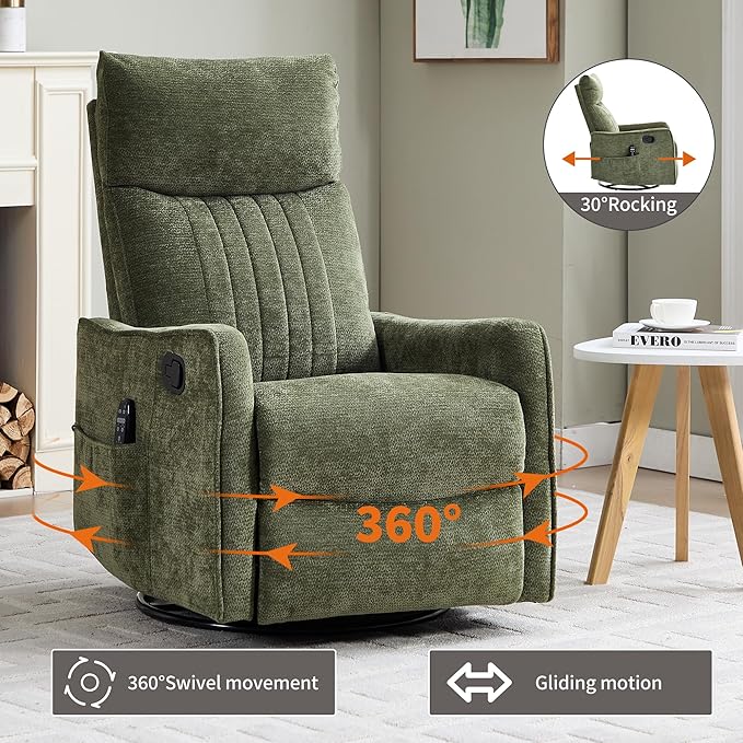 KEIKI Swivel Rocker Recliner Chair with Massage and Heated Pad for Nursery Soft Fabric Glider with 360 Degree Rotation and Manual Recline