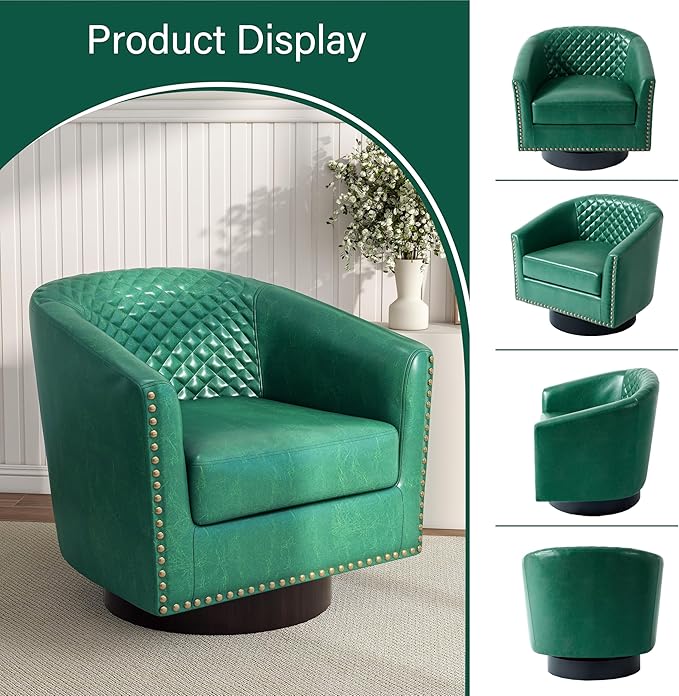 Pia Ricco Faux Leather Swivel Barrel Accent Chairs 360° Swivel Round Single Sofa Chair Comfy Upholstered Club Armchair with Nailhead Trim for Living Room/Reading Room/Bedroom Green