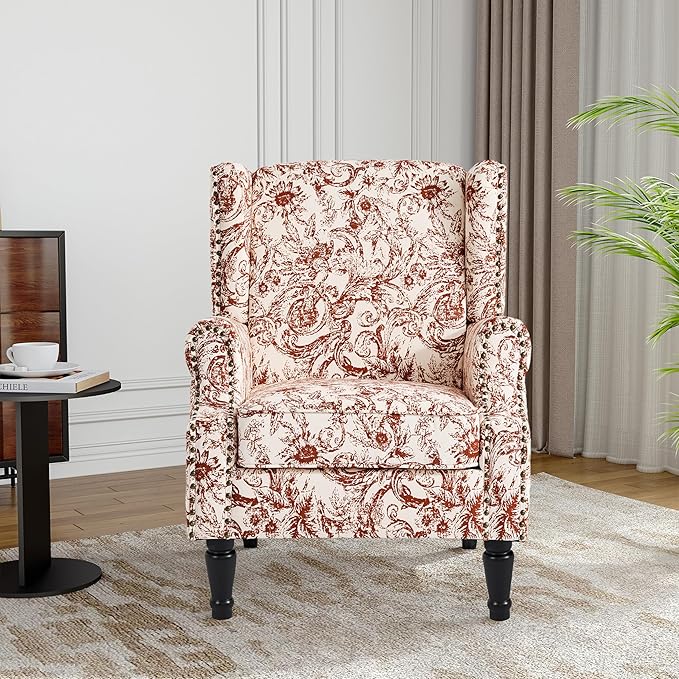Wingback Accent Chair High Back Upholstered Armchair Printed Fabric Wingback Arm Chair with Wood Legs Single Sofa Reading Chair for Bedroom Living Room Rococo Orange