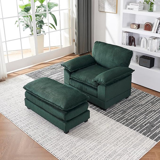 46.9 Oversized Chaise Lounge Chair Indoor with Ottoman Comfy Deep Seat Cloud Sofa Couch Reading Chair Modern Corduroy Upholstered Single Sofa Sleeper Chair for Living Room Bedroom Nursery(Green)