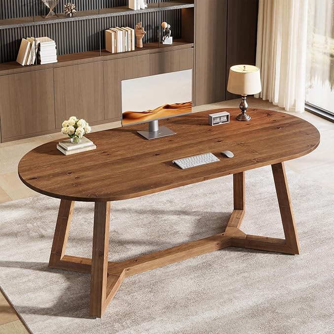 63-Inch Solid Wood Home Office Desk Oval Executive Desk with Sturdy Tapered Legs Farmhouse Computer Writing Table for Office Study Room Workstation (Brown)