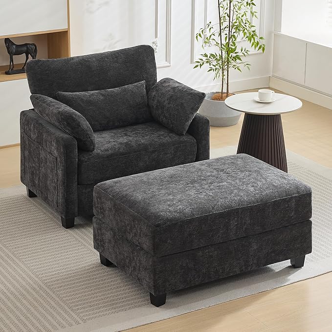 57.5 Oversized Chaise Lounge with Ottoman Indoor Grey Reading Chair with Ottoman &amp Sofa Bed Chenille Upholstered Comfy Sleeper Chair for Living Room Bedroom Office