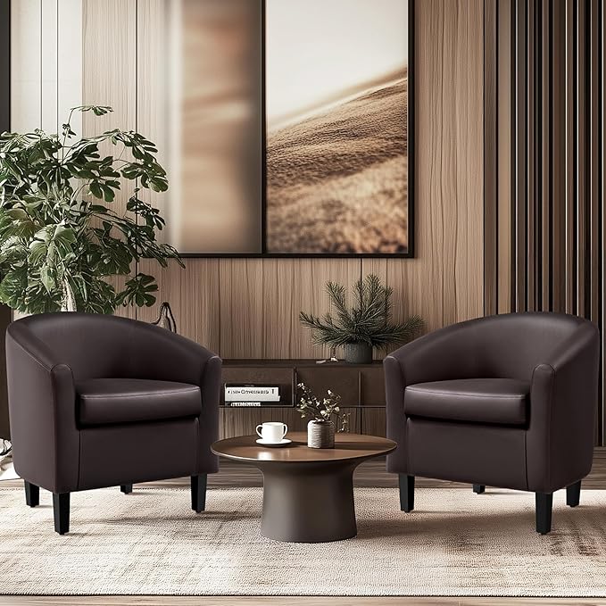 Yaheetech PU Leather Accent Chairs Modern Barrel Chairs Side Chairs Comfy Club Chairs with Soft Padded 2 Chairs for Living Room/Bedroom/Reading Room Espresso Set of 2