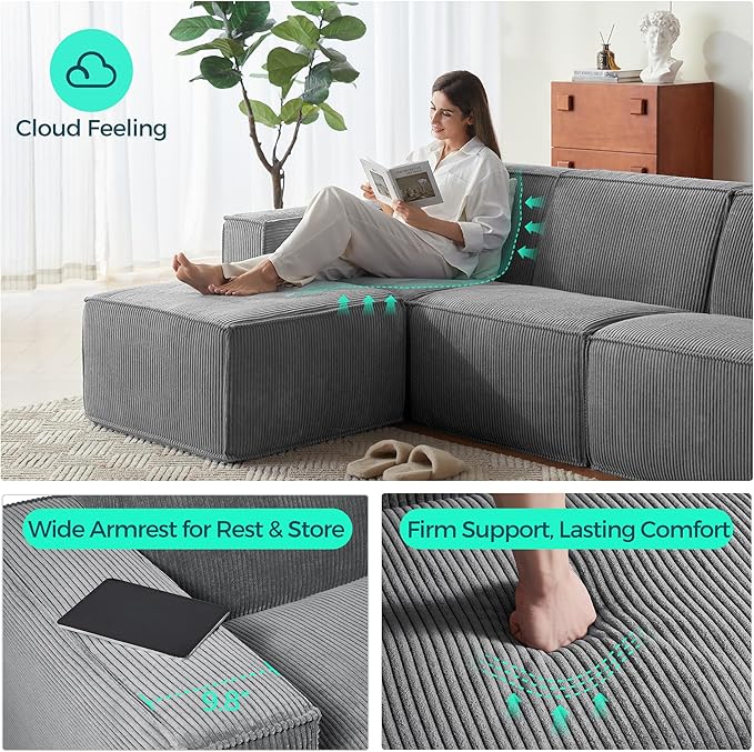 LINSY HOME Modular Sectional Sofa 134 Boneless Couch L Shaped 4-Seat Sofa with Movable Ottoman Corduroy Sectional Cloud Couches for Living Room No Assembly Required Bluish Grey