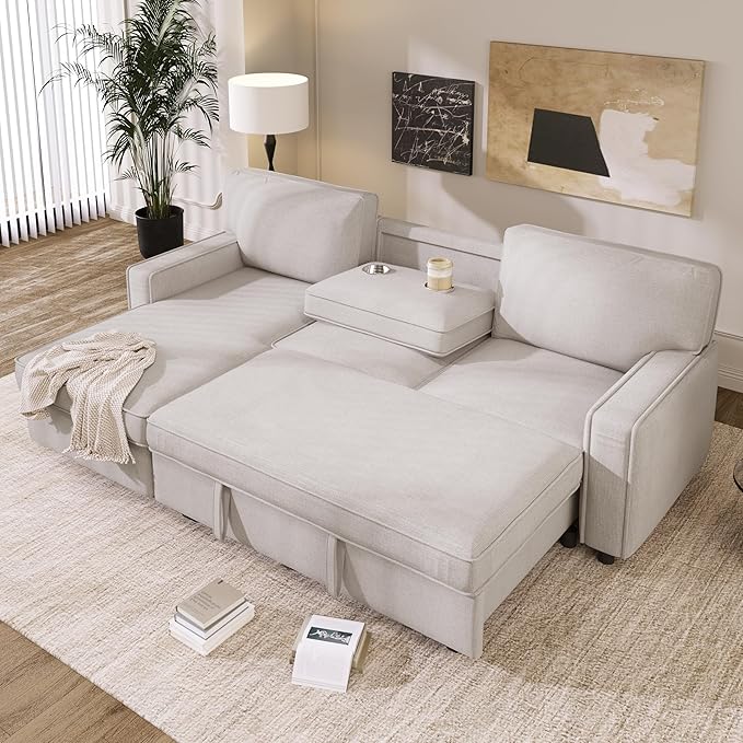 L-Shaped Convertible Sectional Sofa with Storage Space Upholstery Sleeper Sectional Sofa with USB Port and 2 Cup Holders on Back Cushions 3-Seat Sofa Furniture for Living Room Office (Beige-89'W)