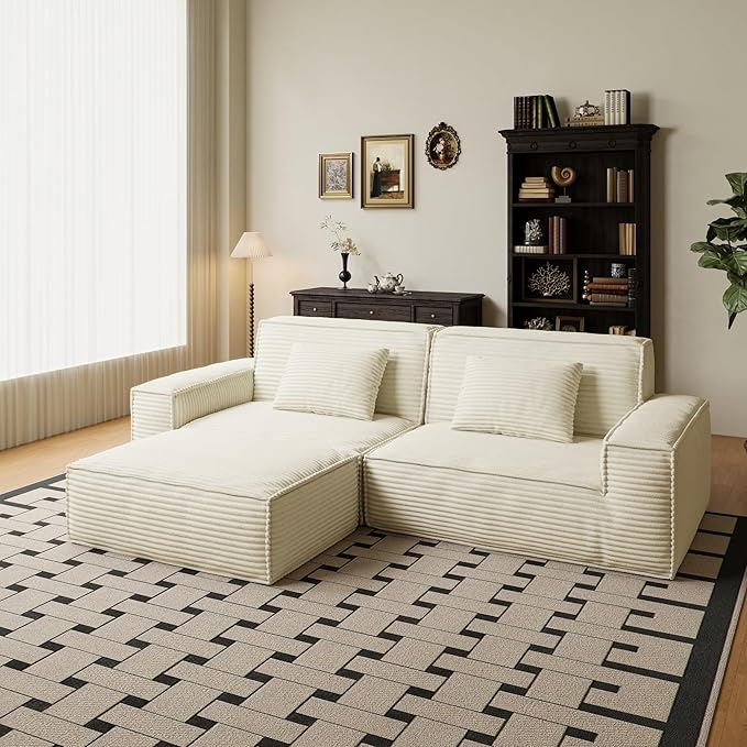 106 Cloud Sectional Couch with Deep Seat No Assembly Required Modern Upholstered Boneless Couches with 2 Pillows Full Sponge Compressed Sofa for Living Room/Apartment (Beige + Ottoman)