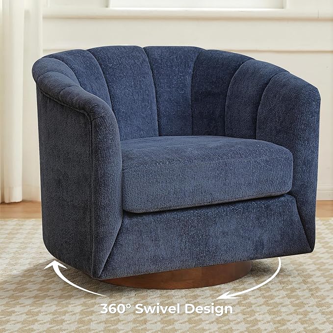 SITJOY Swivel Accent Chair Mid Century Modern Barrel Armchair with Solid Ash Wood Base Upholstered Chair for Living Room Bedroom Fabric in Navy