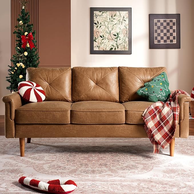 71 Faux Leather Couch Small 3-Seater Mid-Century Modern Sofas for Living Room Deep Seat Upholstered Sofa with Comfy Cushions for Apartment Light Brown