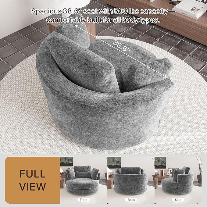 49.6''W Swivel Accent Barrel Chair Oversized Chenille Upholstered Round Single Couch Sofa with 4 Pillows for Living Room Apartment Bedroom (Gray).