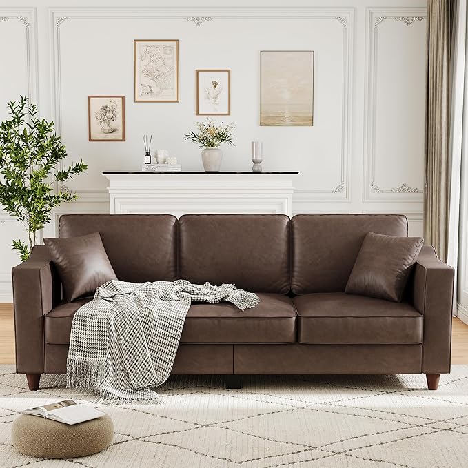 Faux Leather Couch with 2 Throw Pillows Sofa Couches for Living Room 3 Seater Sofa with Wide Armrests Wood Legs Deep Seats Back Cushion Sturdy Support Feet for Office Living Room Dark Brown