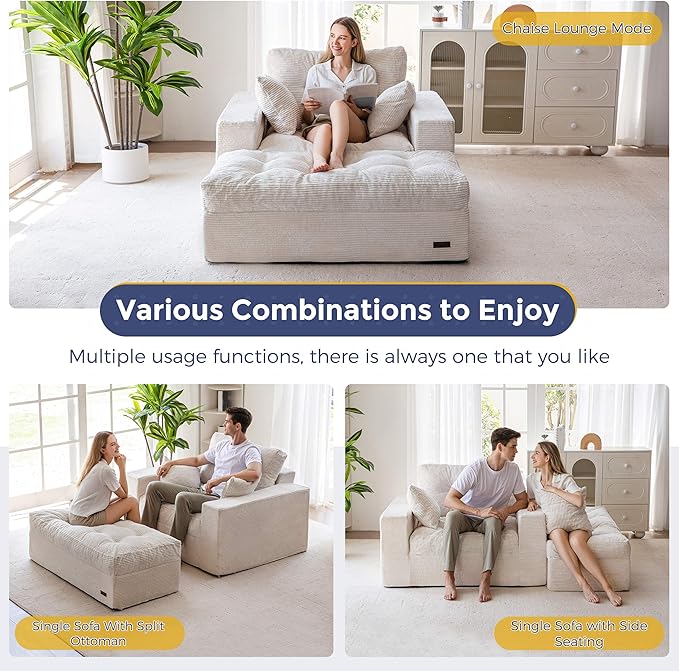 MAXYOYO Modular Sectional Chaise Lounge Sofa Upholstered Lounge Chair with Ottoman Comfy Couch with Layered Cushion Tufted Upholstered Sleeper Chair for Living Room No Assembly Beige