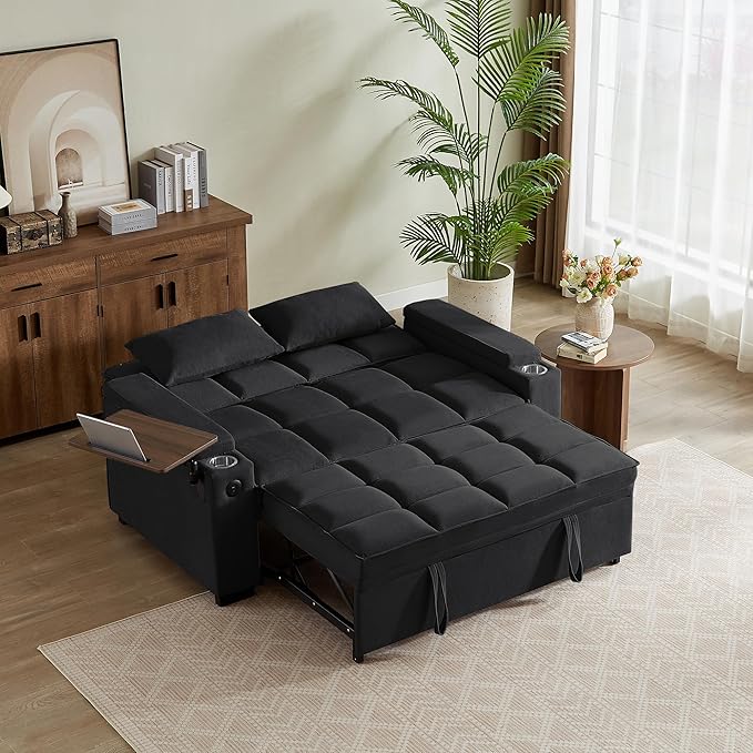 Eafurn Convertible Sleeper Sofa Bed with 360° Swivel Table &amp USB Ports Tufted Chenille Loveseat Pull-Out Couch with Storage Armrest &amp Cup Holders 6-Level Adjustable Backrest
