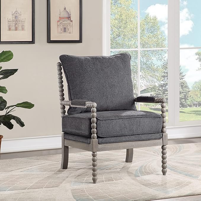 OSP Home Furnishings Abbott Spindle Accent Chair with Padded Spring Seat and Brushed Grey Base Charcoal Fabric