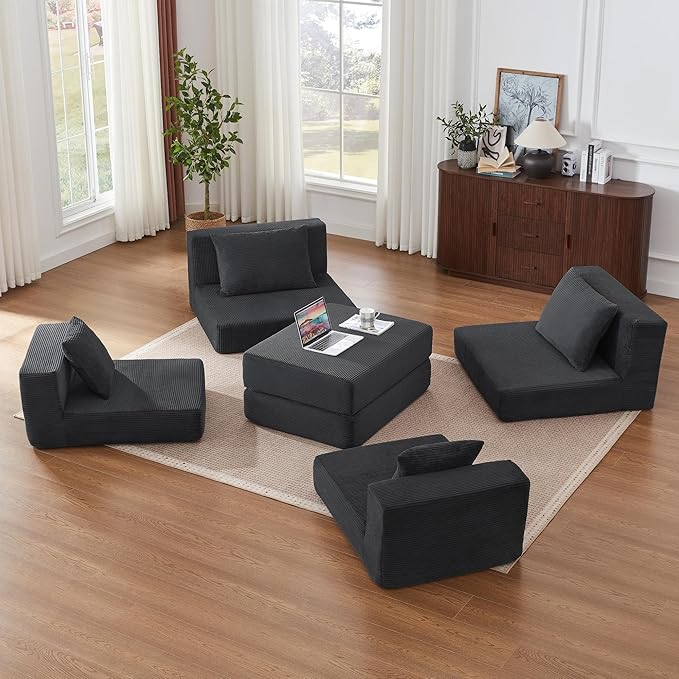 Modular Sectional Sofa with Convertible Sleeper Corduroy Fabric 2-in-1 Couch Bed with Reversible Chaise Adjustable Modular Sofas for Living Room Gray