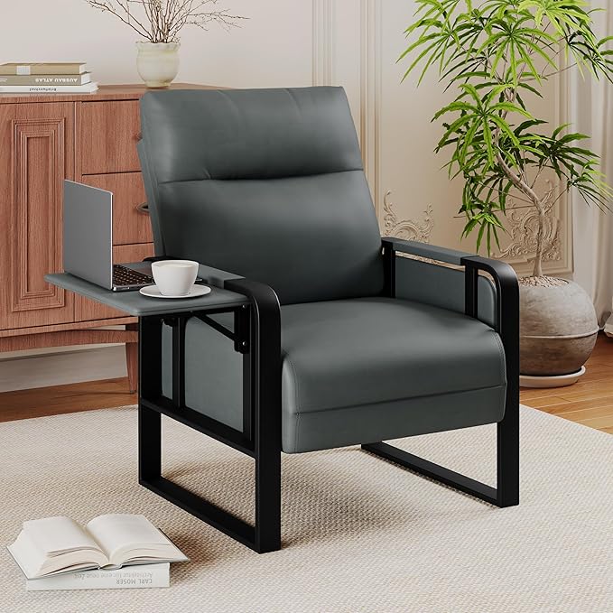 Upholstered Living Room Chair Armchair Set of 2 Mid Century Faux Leather Metal Accent Chair Reception Couch Slipper Club Lounge Chair Guest Comfy Single Sofa with Sidetable-Dark Grey
