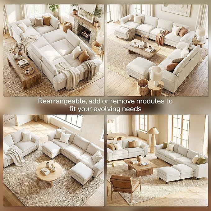 HOMCOM Modular Sectional Sofa Couch 124 Oversized L Shape Sectional Cloud Couch with Deep Seat Movable Ottoman and Pillow-top Armrests for Living Room Bedroom and Apartment Beige | Deep seat