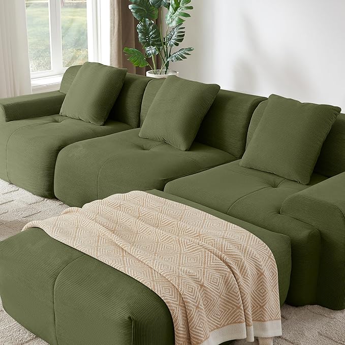 113 Modern L-Shaped Modular Sectional Sofa for Living Room Corduroy Upholstery Oversized 3-Seater Couch with Deep Seat and Movable Ottoman – No Assembly (Green)
