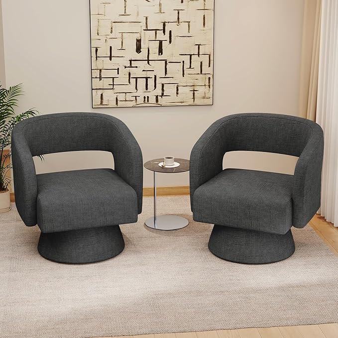 Swivel Accent Chair Set of 2 Modern Comfy Chenille Barrel Chairs Oversized Upholstered Round Arm Chair for Living Room Bedroom Reading Room Black